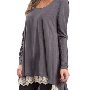 LADIES SIZE M UMGEE GRAY WHITE LACE HEM LONG SLEEVE TUNIC TOP SHIRT BLOUSE